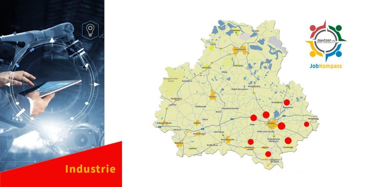 Karte vom Landkreis Bautzen mit markierten Standorten von Unternehmen in der Region Bautzen