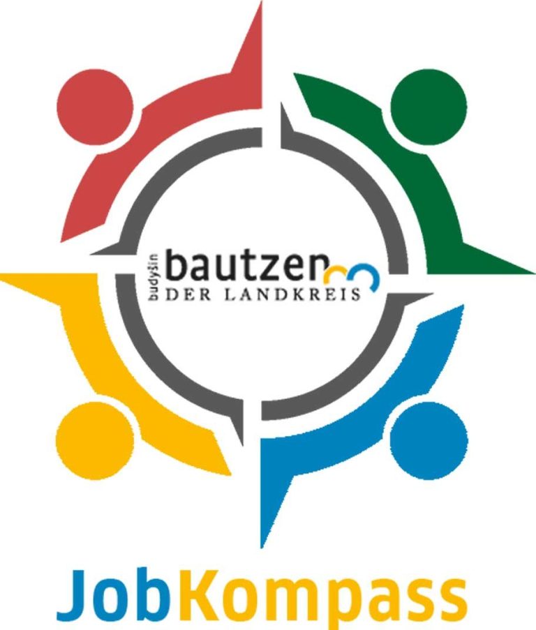 Logo von JobKompass, umgeben von vier stilisierten Menschen in verschiedenen Farben.