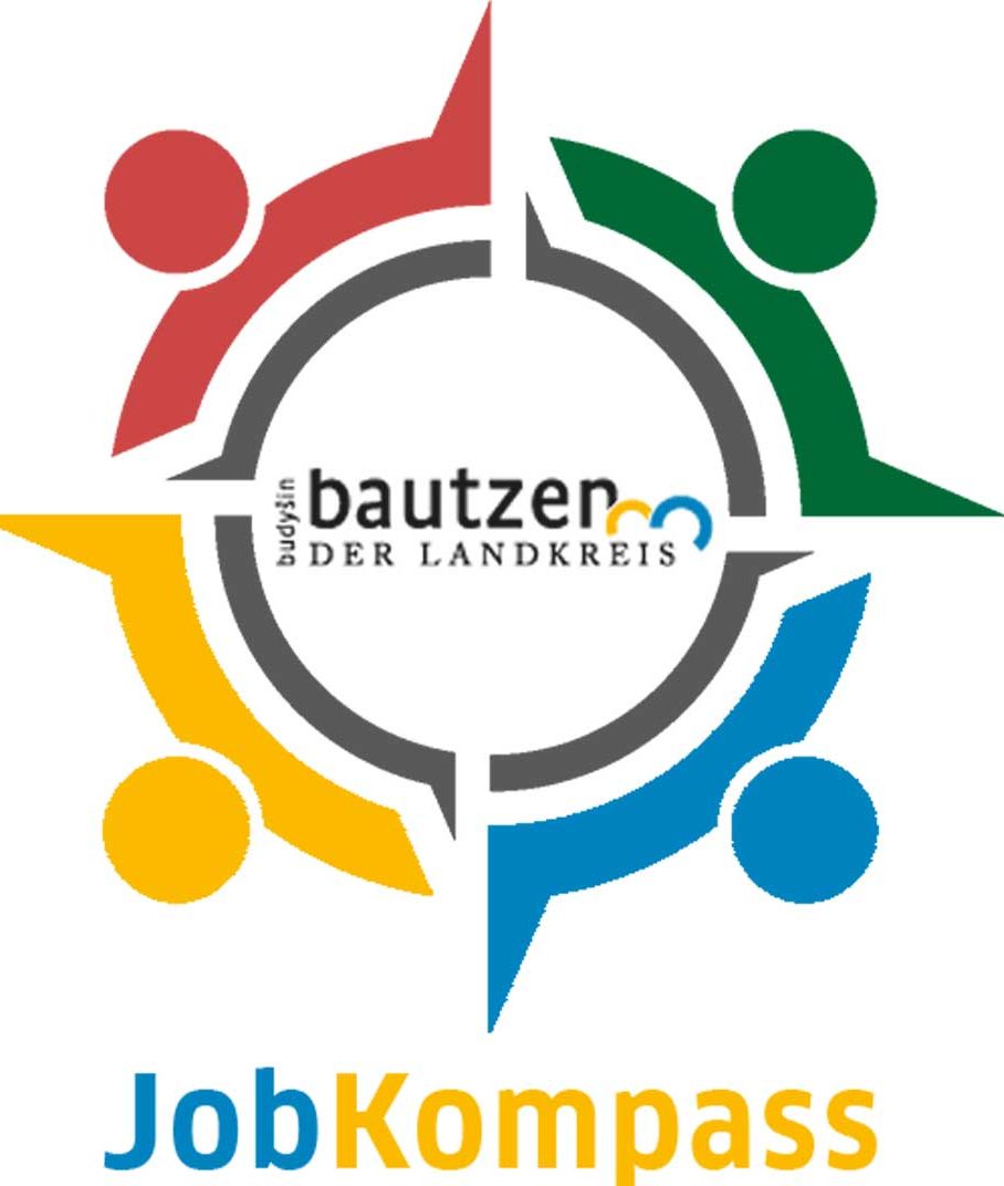 Logo Jobkompass Landkreis Bautzen Logo von JobKompass, umgeben von vier stilisierten Menschen in verschiedenen Farben.