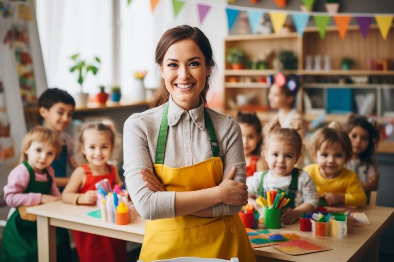 Lächelnde Lehrerin mit Kindern in einem bunten Klassenzimmer voller Bastelmaterialien.