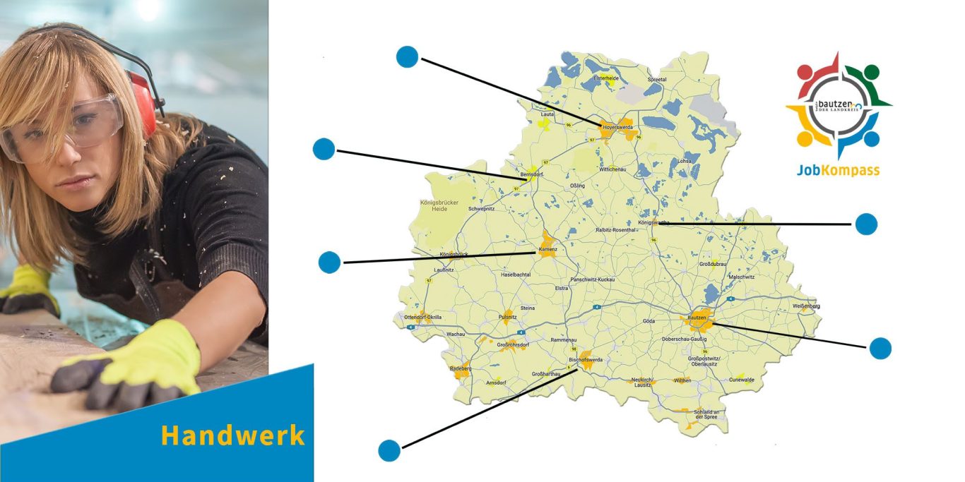 Übersichtskarte Standorte Jobs im Handwerk im Landkreis Bautzen Karte vom Landkreis Bautzen mit blauen Punkten für Standorte im Handwerk