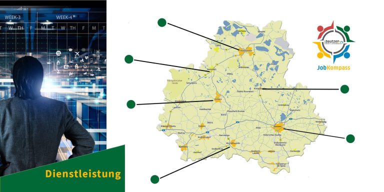 Karte vom Landkreis Bautzen mit grünen Punkten für Standorte in der Dienstleistung 