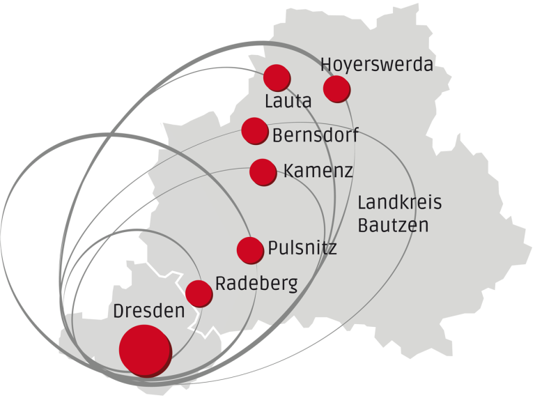 Karte mit Städten in der Wachstumsregion Dresden