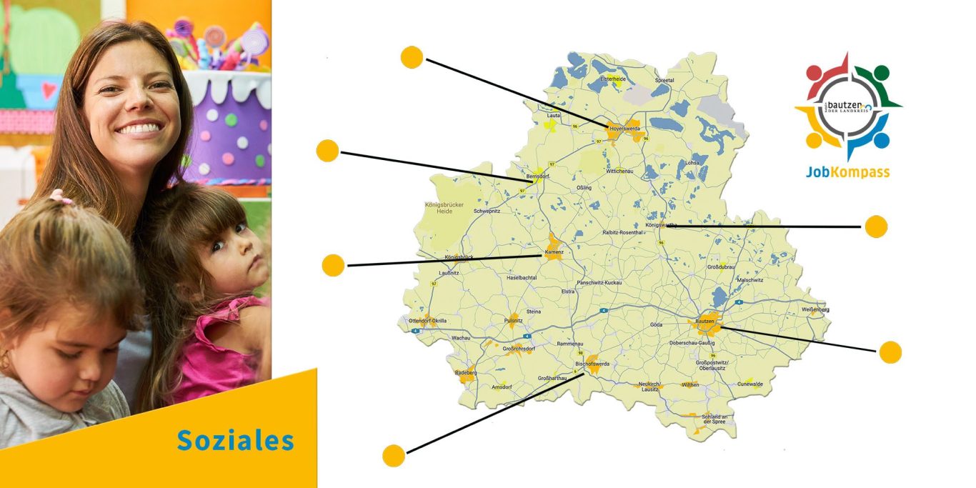 Übersichtskarte Standorte Jobs für Soziales, Gesundheit und Pflege im Landkreis Bautzen Karte vom Landkreis Bautzen mit gelben Punkten für Standorte für Jobs Soziales